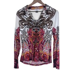 Y2K CACHE Button Down Top PAISLEY Print BOHO Long Sleeve‎ Blouse RETRO MOD SMALL